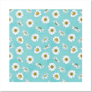 Spring Daisies on Blue Background Posters and Art